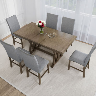Red Barrel Studio 7-piece Kitchen Dining Table Set: Golden Brown + 12-inch Extension Leaf Gray Cushion Chairs Seat 6
