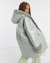 Thumbnail for your product : ASOS DESIGN Leather look parka with borg lining in sage