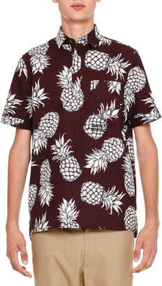Valentino Pineapple-Print Short-Sleeve Popover Shirt, Burgundy