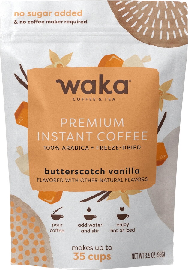 Waka Instant Coffee, Butterscotch Vanilla Flavored - 100% Arabica Beans, Freeze Dried Granules, No Additives - Scoopable Powder for Quick Hot and Iced Coffees (3.5oz)