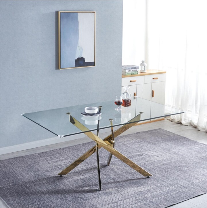 Simplie Fun Rectangular Tempered Glass Dining Table, Modern Dining Room