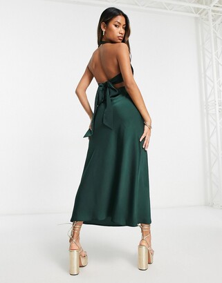 ASOS DESIGN satin halter plunge bust midi dress with cut out waist detail in dark green