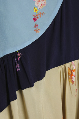 Preen Line Asymmetric Color-block Floral-print Satin-crepe Midi Skirt
