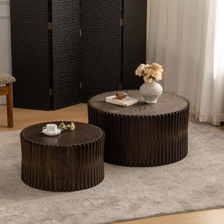 Lunale 2-Piece Coffee Table Set, Retro Cylindrical Embossed Nesting Coffee Table Set for Living Room, Dark Brown