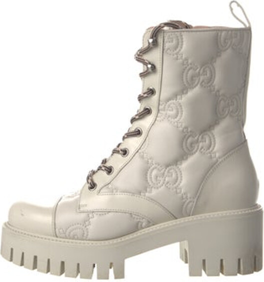 Gucci Leather Mid-Calf Combat Boots Neutrals GG Signature Round-Toes Platform Lace-Up Closure at Ankles
