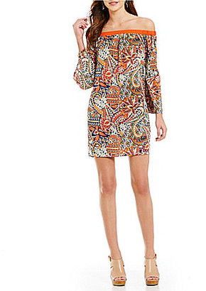 Gibson & Latimer Off-The-Shoulder Flare Sleeve Paisley Print Dress