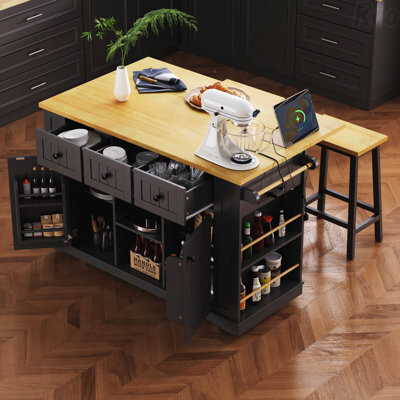 Latitude Run 53Inch Large Kitchen Island With Drop LeafPower OutletDoor Internal Storage RackRolling Kitchen Cart On 5 Wheels With 5 Open Side Racks For Kitchen