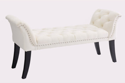 Armrest Button-Tufted Ottoman Bench, Upholstered Footrest Stool Rectangular Beige Velvet Fabric Accent Bench For Entryway Dining Room Living Room Bedr