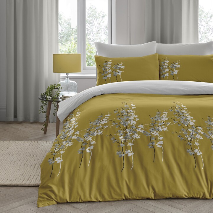 Dunelm Oriental Flower Ochre Duvet Cover and Pillowcase Set Ochre