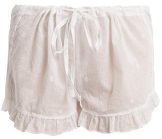 Pour Les Femmes - Embroidered Ruffle Hem Cotton Shorts - Womens - White