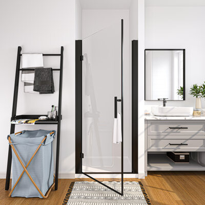 TOOLKISS 34'' W x 72'' H Frameless Hinged Shower Door with Clear Glass in Matte Black Finish