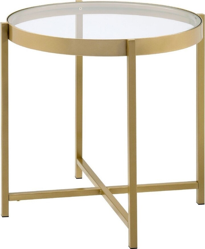 End Table with Round Glass Top and Metal Frame, Gold 24 L x 24 W x 24