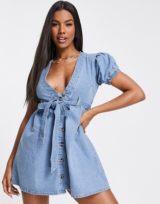 button through denim dress