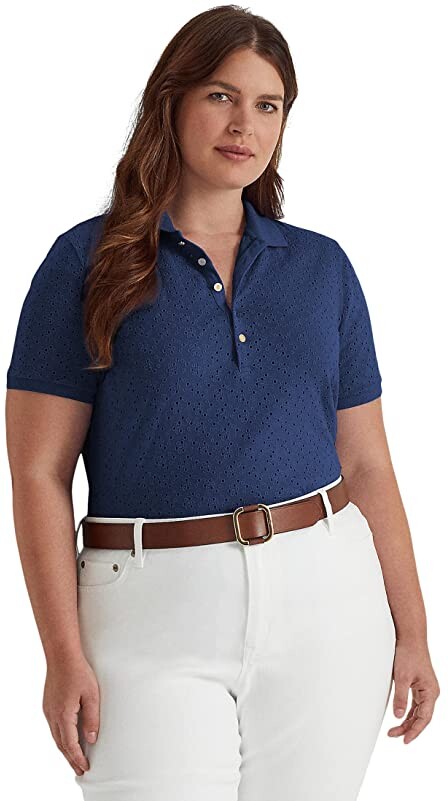 Lauren Ralph Lauren Plus Size Eyelet Jersey Polo Shirt - ShopStyle