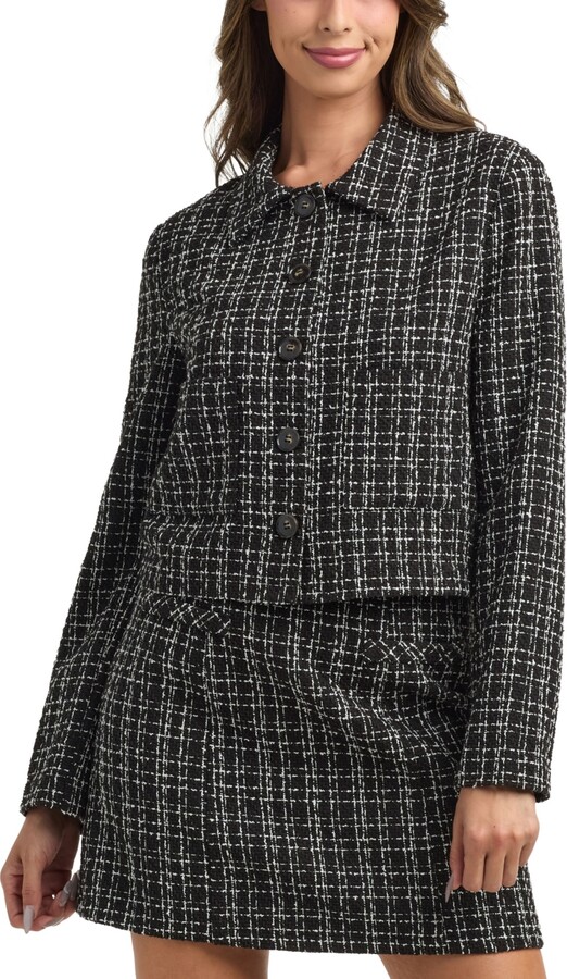 BCX Women's Tweed Check Boucle Long Sleeves Jacket