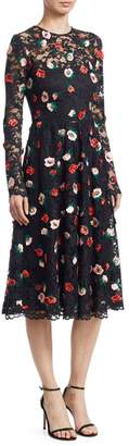 Lela Rose Long Sleeve Floral Lace Midi Dress