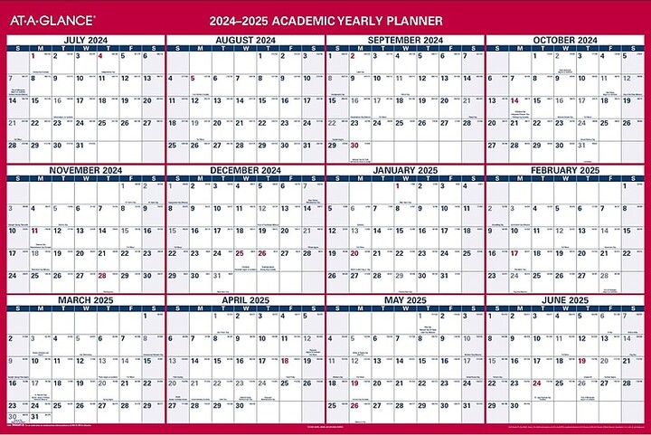 At-A-Glance 2024-2025 48" x 32" Academic Yearly Wet-Erase Wall Calendar, Reversible, White/Red (PM36AP-28-25)