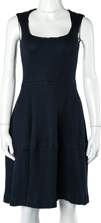 CH Carolina Herrera Navy Blue Textured Cotton Flared Dress
