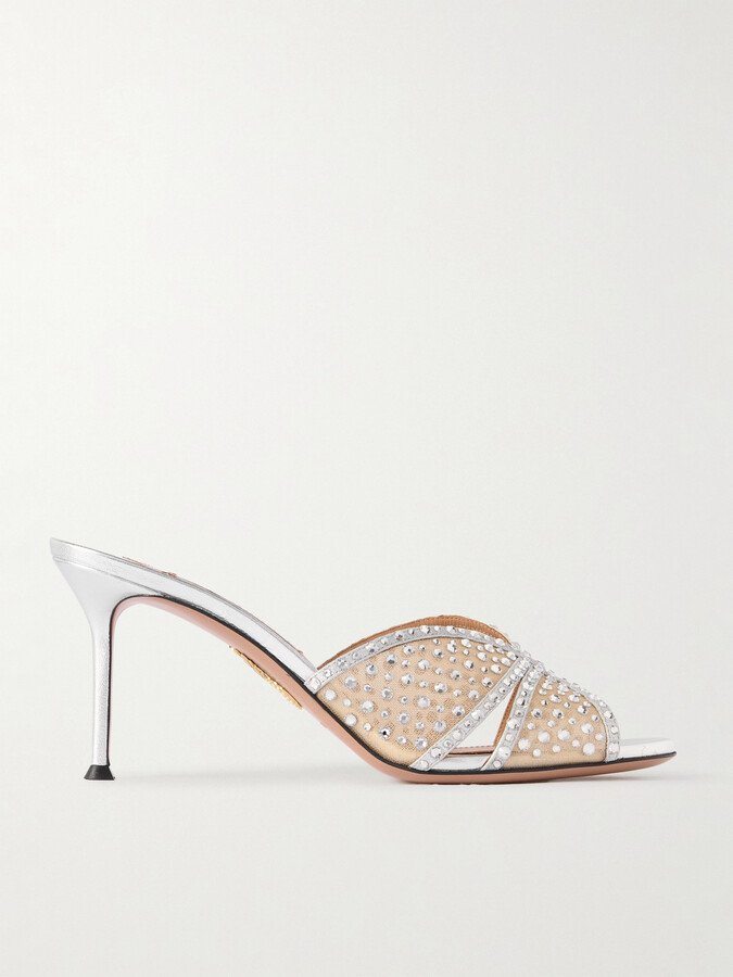 Aquazzura - Crystal Lover 75 Crystal-embellished Leather-trimmed Tulle Sandals - Silver