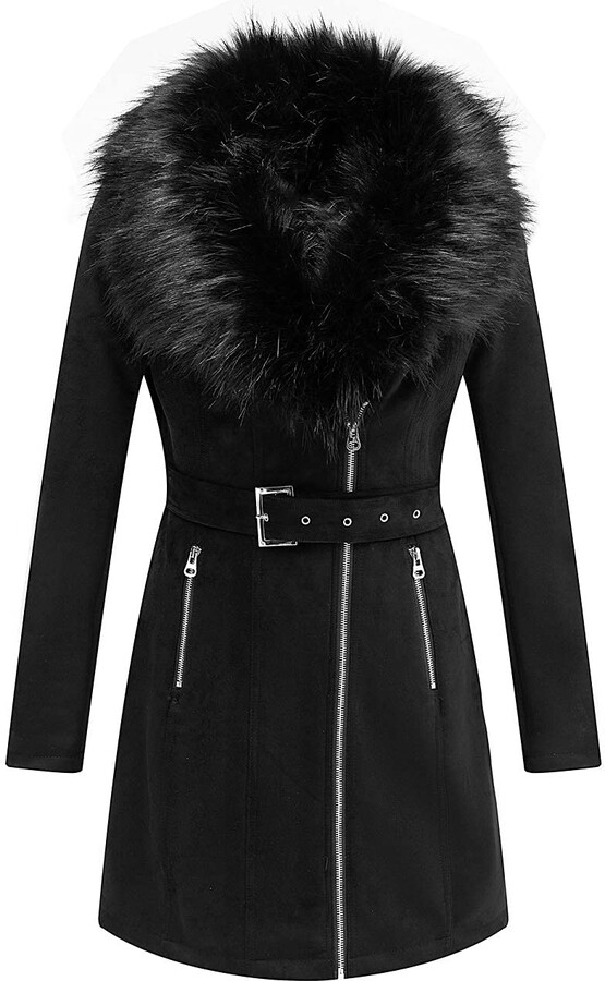 Bellivera Women's Pea Coat Faux Suede Leather Long Jacket Wonderfully Heavy  Outerwear with Detachable Fur Collar 19249 Black M - ShopStyle