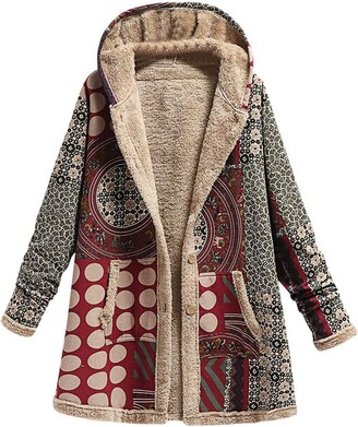 Moent Women Clothes Moent Sales Plus Womens Winter Warm Outwear Print Hooded with Pockets Vintage Coats Cardigan