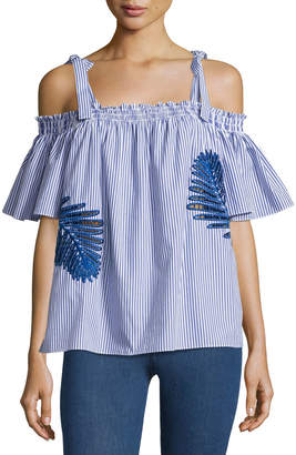 Tanya Taylor Becca Embroidered Off-the-Shoulder Top, Blue/White
