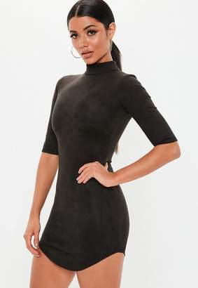 Missguided Black High Neck Short Sleeve Faux Suede Bodycon Mini Dress