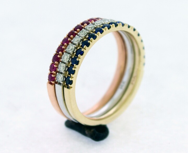 Ruby, Blue Sapphire, & Diamond Half Eternity Ring Set(3 Piece Or Stacking Rings Two Tone, Comfort Fit, U Pave Setting, 14 K. Gold, Handmade