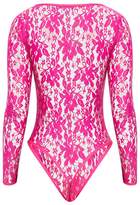 Thumbnail for your product : PrettyLittleThing Fuchsia Lace V Neck Long Sleeve Thong Bodysuit