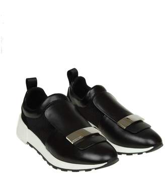 Sergio Rossi Sneakers In Black Leather And Fabric With Silver Metal Plate