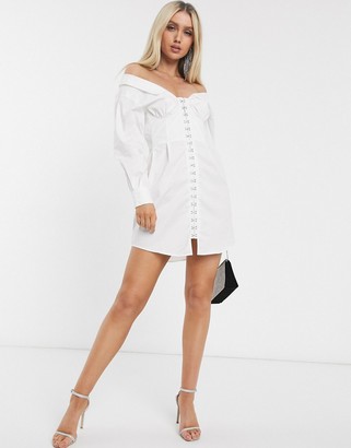 ASOS DESIGN premium cotton poplin corset mini shirt dress with eyelets in white