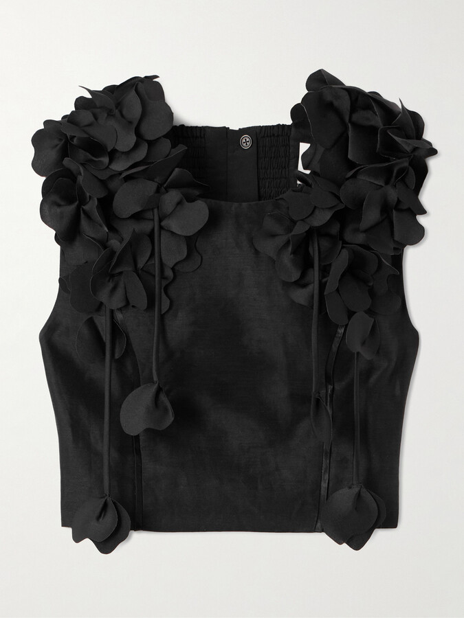 Aje Camille Cropped Appliquéd Linen-blend Tank - Black