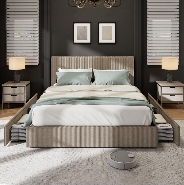 RONSHIN FullSizePlatformBedFramewith4StorageDrawers,UpholsteredCorduroyChannelTuftedHeadboardBedFramewithStrongWoodenSlatSupport,Brown