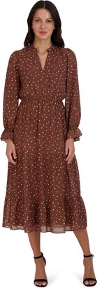 Sandra Darren Long Sleeve Ruffle Neck Tiered Dress - Brown Ivory, Size: Large