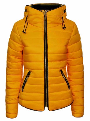 quilted faux fur hooded padded puffer coat mustard yellow