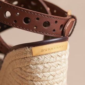 Burberry Riveted Leather Platform Espadrille Wedge Sandals