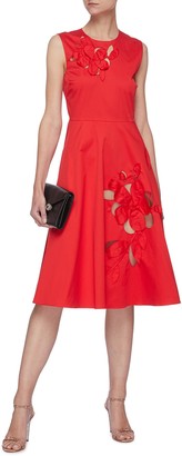 Oscar de la Renta Cut Out Floral Applique Sleeveless A-line Cotton Blend Dress