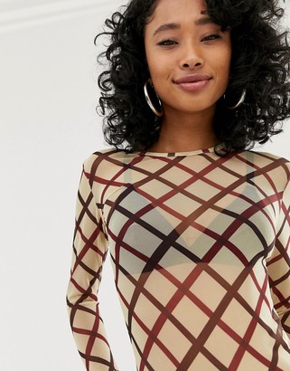 Daisy Street long sleeve top in check mesh
