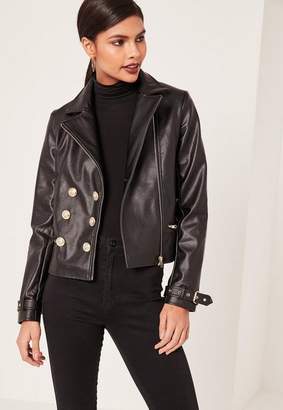 Missguided Petite Black Faux Leather Military Jacket, Black