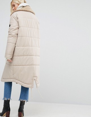 Puffa Oversized Padded Coat With Faux Shearling Shawl Collar