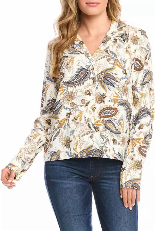 Karen Kane Paula Paisley Long Sleeve Button Down Shirt In Gold Blue Off White