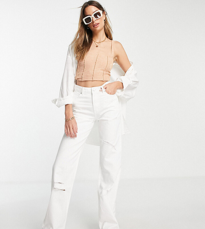Don't Think Twice Tall DTT Tall straight leg jeans with raw hem and knee  rips in white - ShopStyle