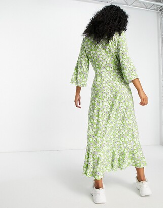 Monki Amanda viscose ditsy floral print midi wrap dress in green - MGREEN -  ShopStyle