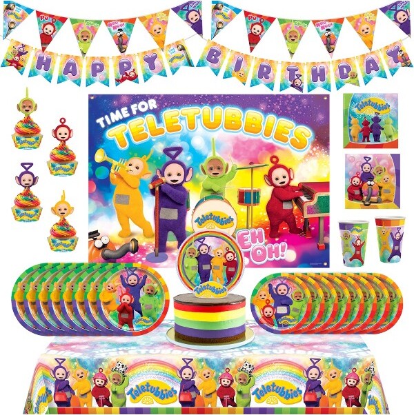 Treasures Gifted TreasuresGiftedTeletubbiesPartySupplies-UltimateSetfor24Guests-CakeTopperTableclothBannerBalloonsPhotoBackdropTableware