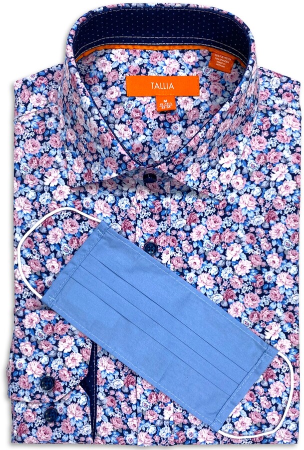 Tallia Men's Slim-Fit Performance Stretch Rose Sketch Print Dress Shirt and  Free Face Mask - ShopStyle