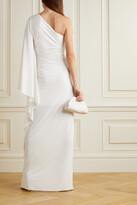 Thumbnail for your product : Halston Ellen One-shoulder Cape-effect Ruched Stretch-crepe Gown - White