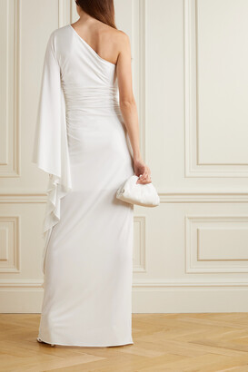 Halston Ellen One-shoulder Cape-effect Ruched Stretch-crepe Gown - White