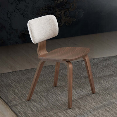 Walnut Finish Side Chairs Set of 2 with White Boucle Padded Curved Backrest, Ergonomic Design for Comfortable Dining