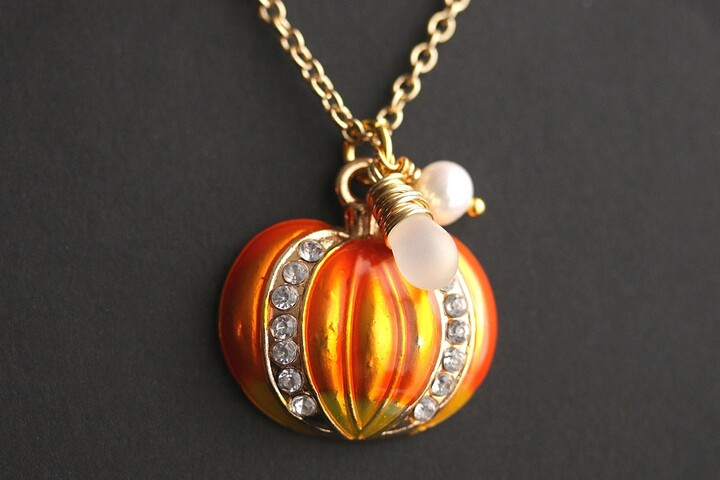 Etsy Enameled Pumpkin Necklace. Orange Halloween Rhinestone Charm Necklace With Glass Teardrop & Fresh Water Pearl