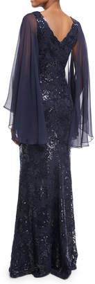 Rickie Freeman For Teri Jon Cape-Sleeve Sequin Leaf Silk Gown, Blue